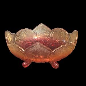 Vintage Jeanette Lombardi Floral Iridescent Carnival Glass Footed Fruit Bowl